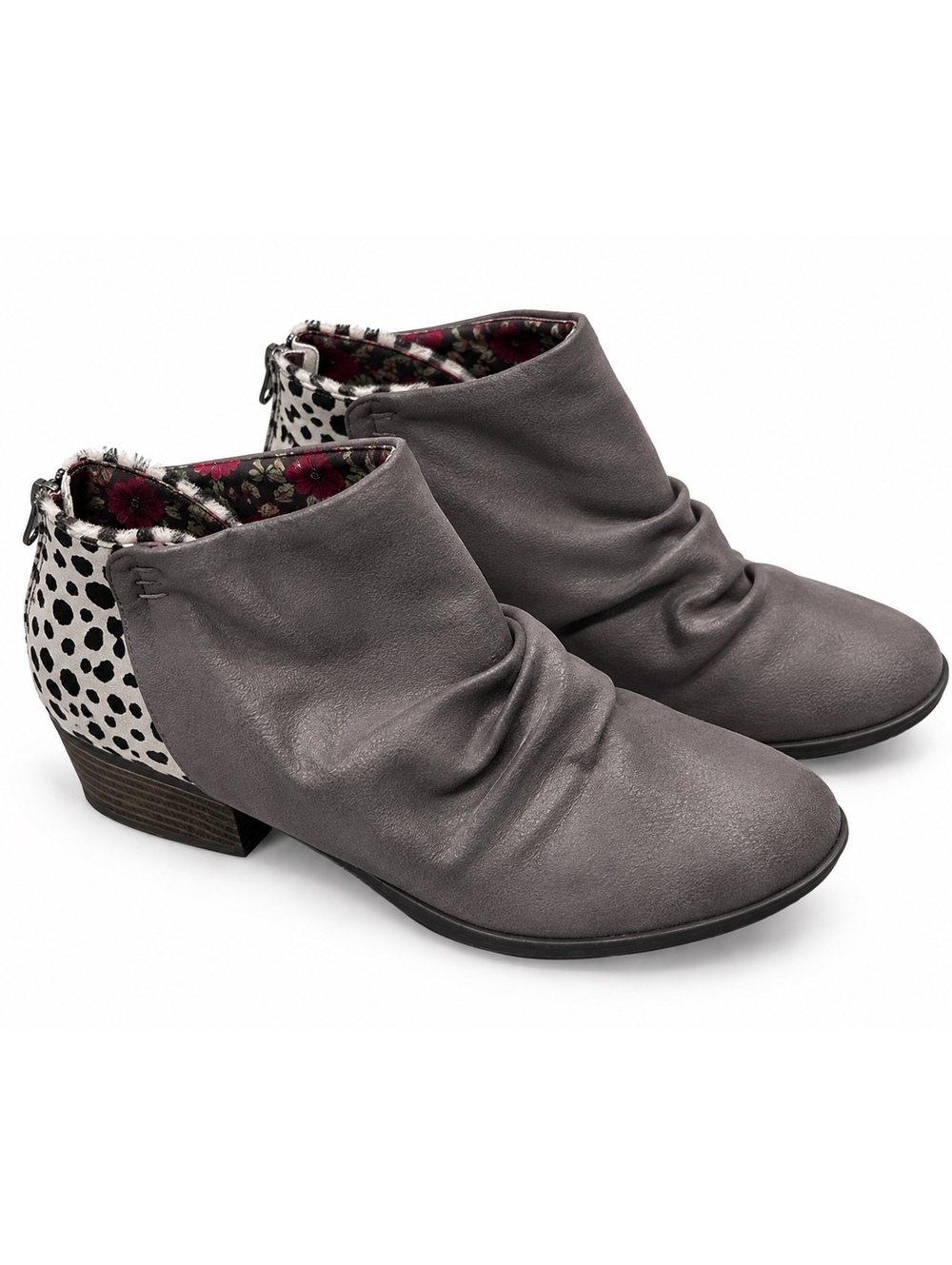Blowfish Gray Ruched Ankle Booties Cheetah Leopard Print Heel